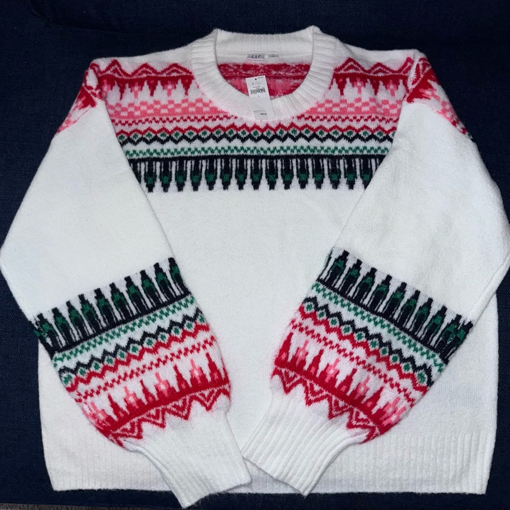 NWT GAP Sweater Fairisle Holiday Knit White Crewneck Colorful Size L Large